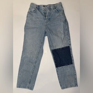 American Eagle High Rise Jeans - Light Blue with Dark Blue Patch